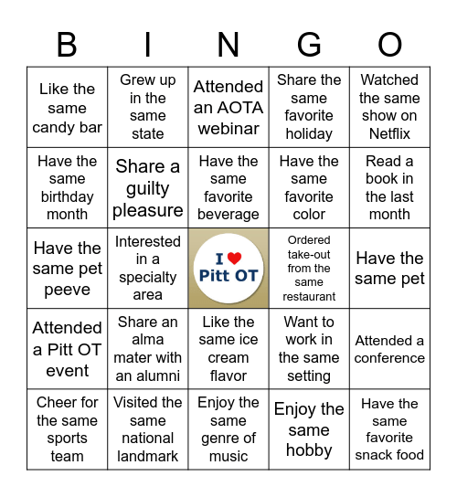 Pitt OT Happy Hour Bingo Card