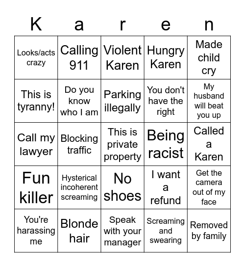Karen bingo Card