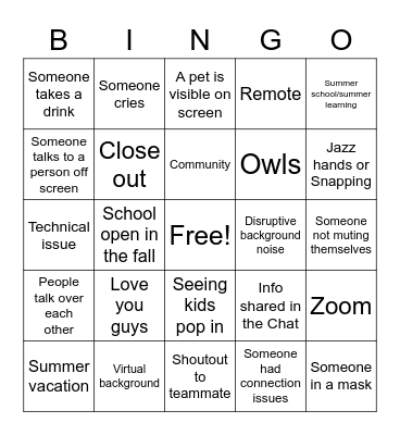 Staff Huddle Bingo Card