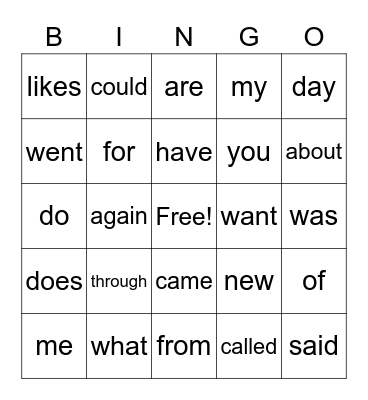 Sight Words Bingo Card