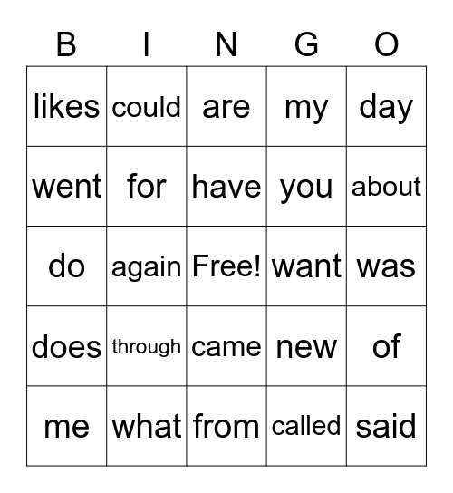 Sight Words Bingo Card