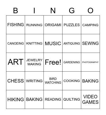 Hobby Bingo Card