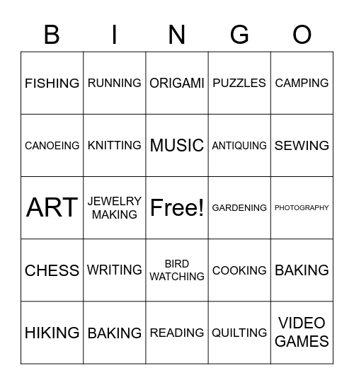 Hobby Bingo Card