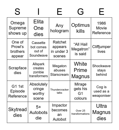 Transformers: WFC Trilogy: Siege Bingo Card