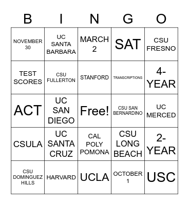 GEAR UP COLLEGE BINGO Card