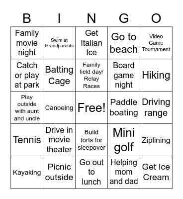Summer Bucket List Bingo Card