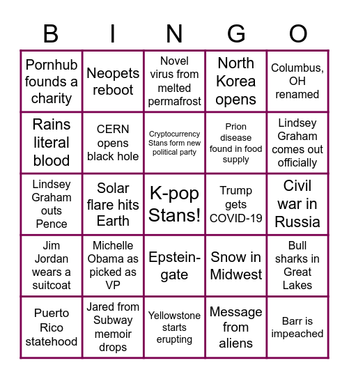 July 2020 Bingo Card