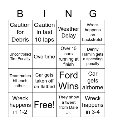 Talladega Bing Bingo Card