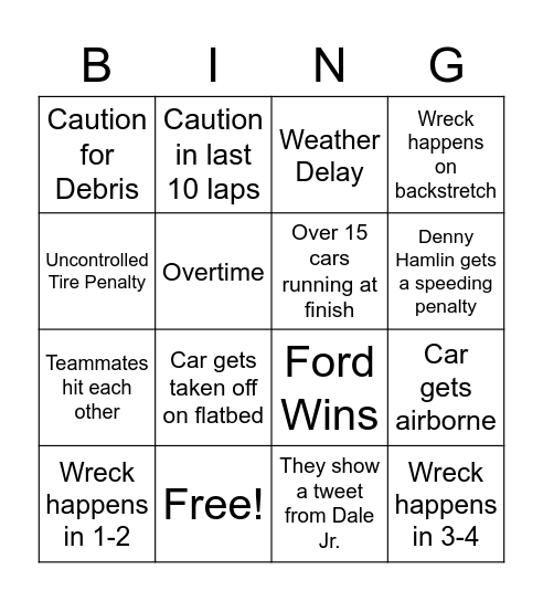 Talladega Bing Bingo Card