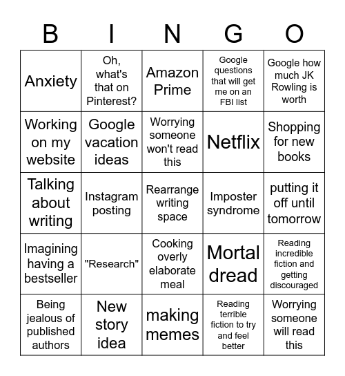 I Should be Writing Bingo Card