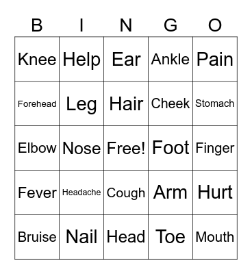 Body Part Bingo Card