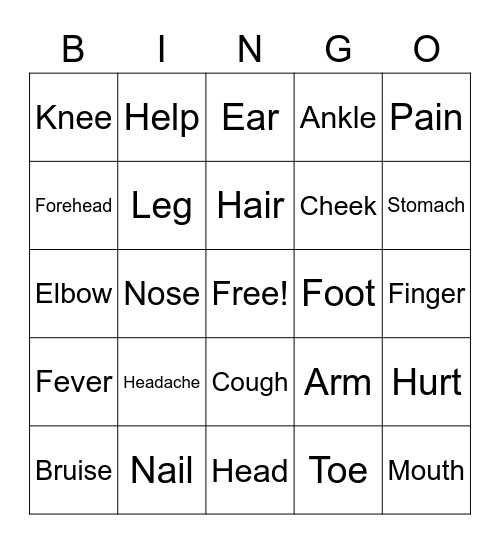 Body Part Bingo Card