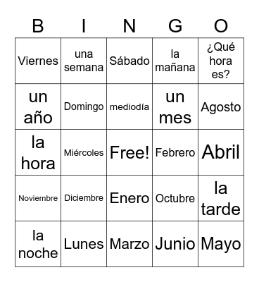 Spanish Dates and Times Bingo Card