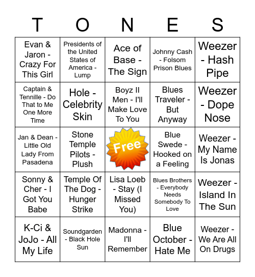Game Of Tones 6/22/20 Game 2 Bingo Card