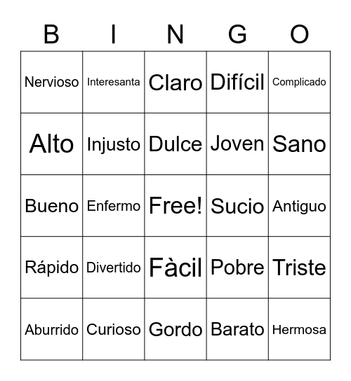Spanish Basics Adjectives Bingo Card
