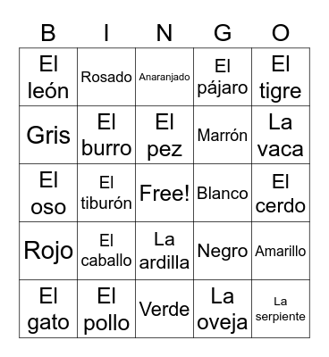 Spanish Colors and Animals Bingo Card