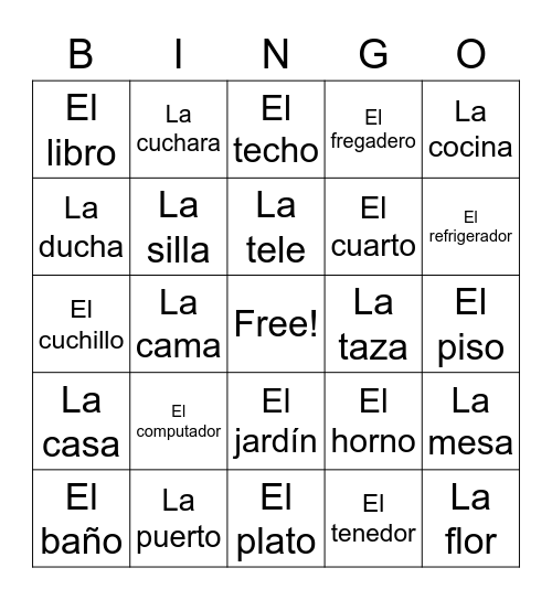 Spanish At Home Bingo Card