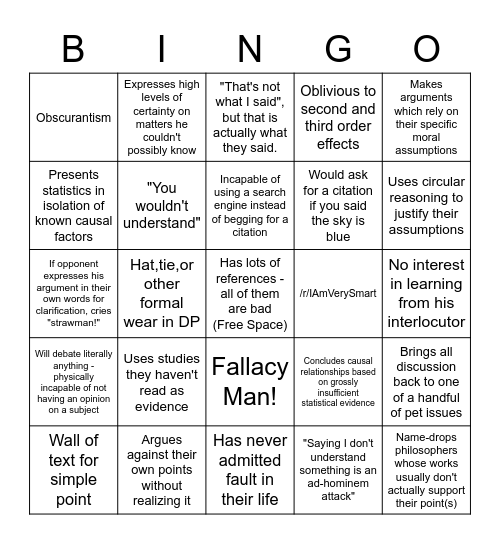 Pseudointellectual Bingo Card