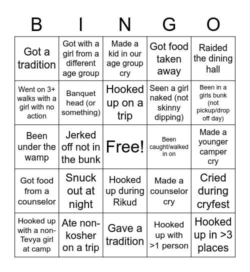 Tevya Bingo (Camper + CIT) Bingo Card