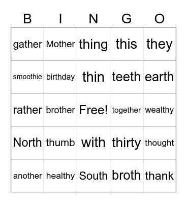 Digraph th Bingo Card