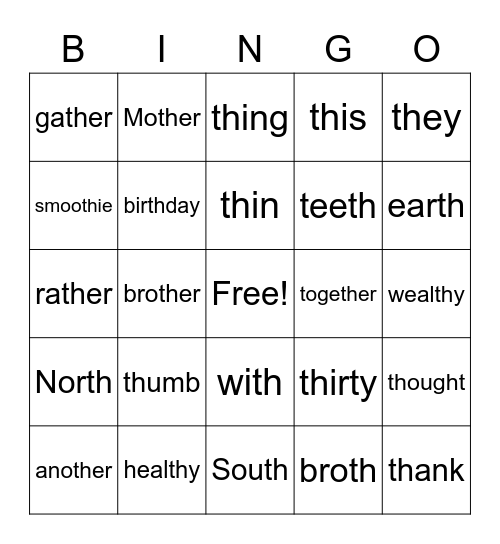 Digraph th Bingo Card