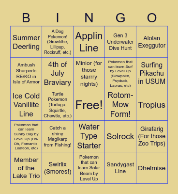 July Shiny Pokemon Board Bingo Card