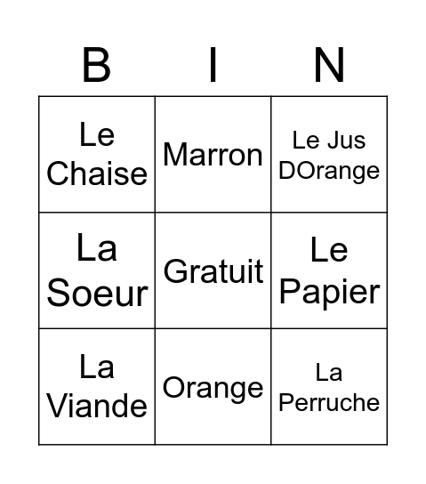 Bingo Francais Bingo Card