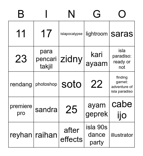 Bingo Laper Bingo Card