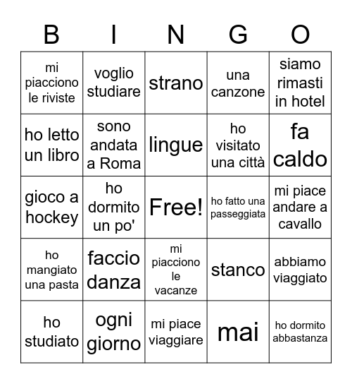 Italian Revision Bingo Card