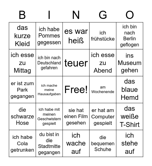 S2 German Revision Bingo Card
