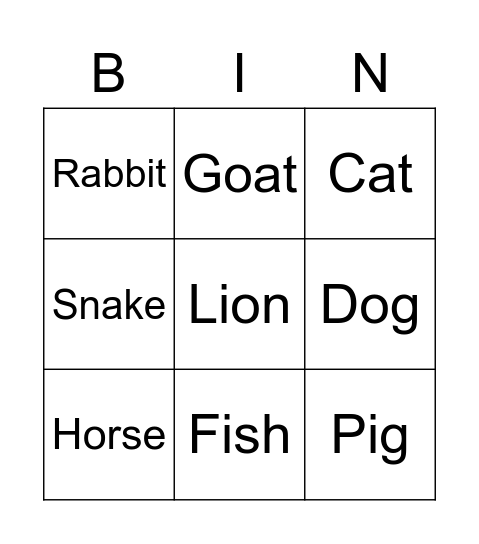 Animals Bingo Card