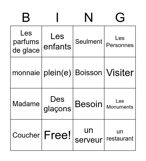 Français Bingo Card