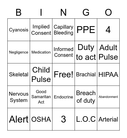 First Aid Bingo Card