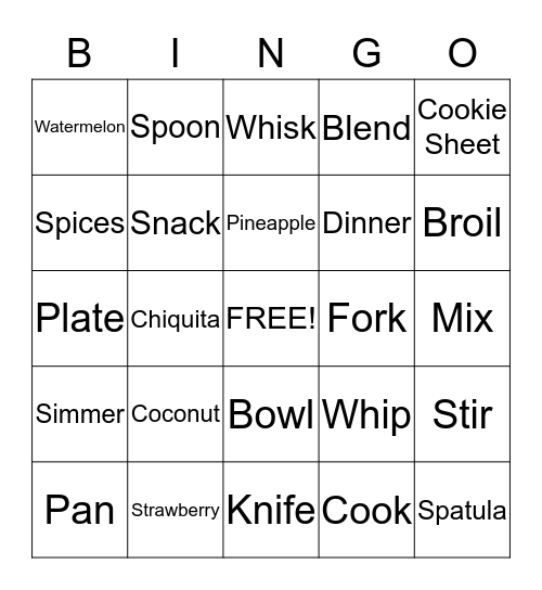 Chiquita Cooking Lab Bingo Card