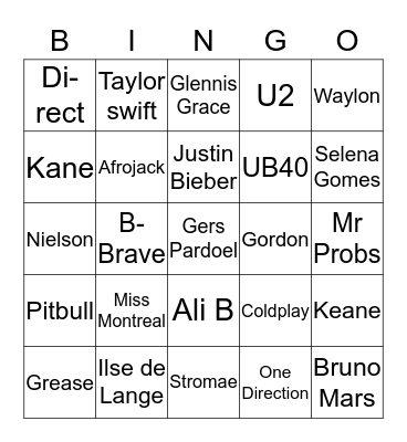 Pop Artiesten         Bingo Card