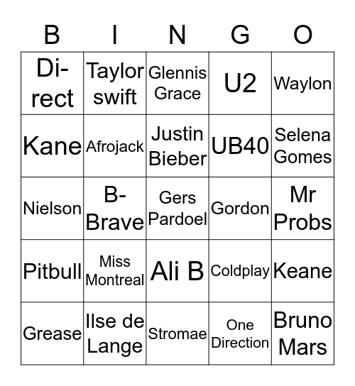 Pop Artiesten         Bingo Card