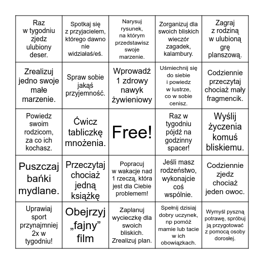 Wakacyjne zadania Bingo Card