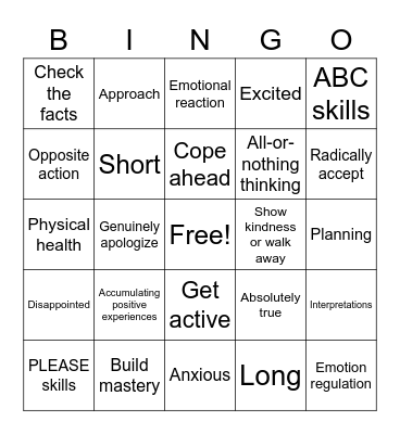 DBT - Emotion Regulation Bingo Card