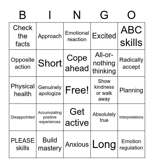 DBT - Emotion Regulation Bingo Card