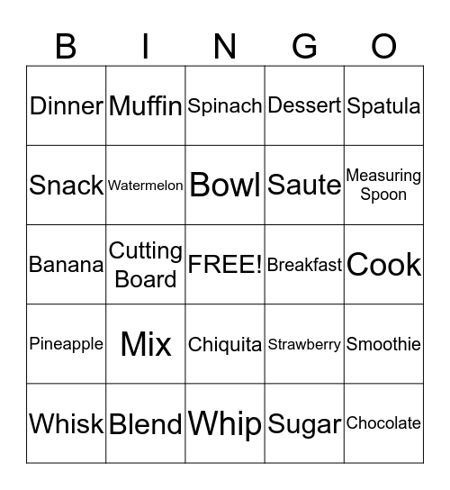 Chiquita Cooking Lab Bingo Card