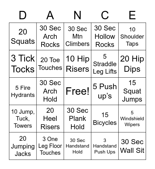 Acro Class Bingo Card