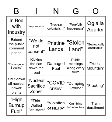 Public Comment Bingo Card