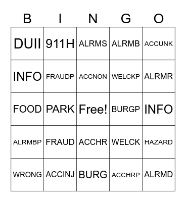 POLICE CALL TYPES Bingo Card