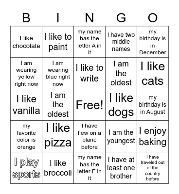 About Me Bingo Card