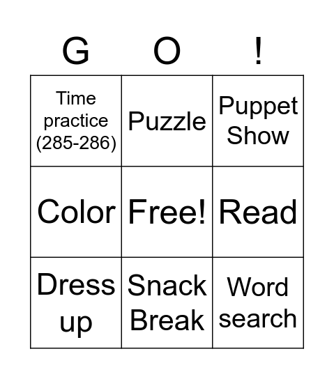 Free Time Bingo Card