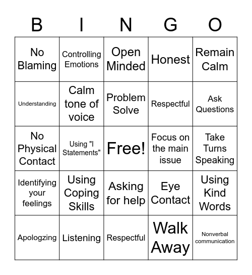 Conflict Resolution Skills Bingo Card