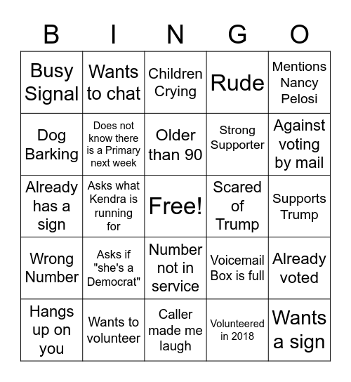 Phone Bank Bingo! Bingo Card