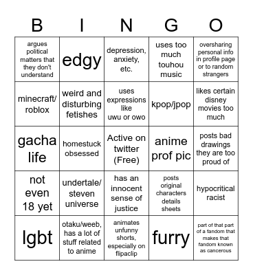 Internet Teenage Weirdo Bingo Card