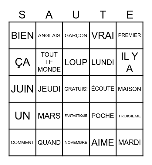 SAUTE! Bingo Card