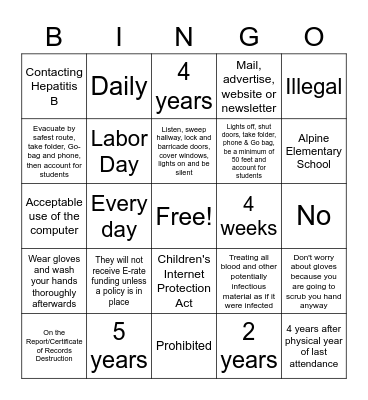 Policies, Procedures and Other Information Bingo Card